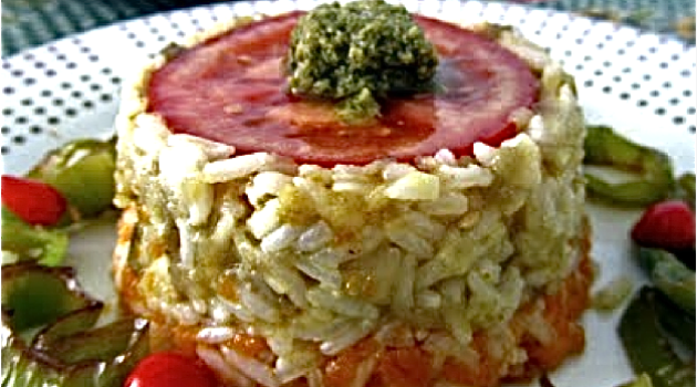 Timbalitos de arroz frío con puré de verduras