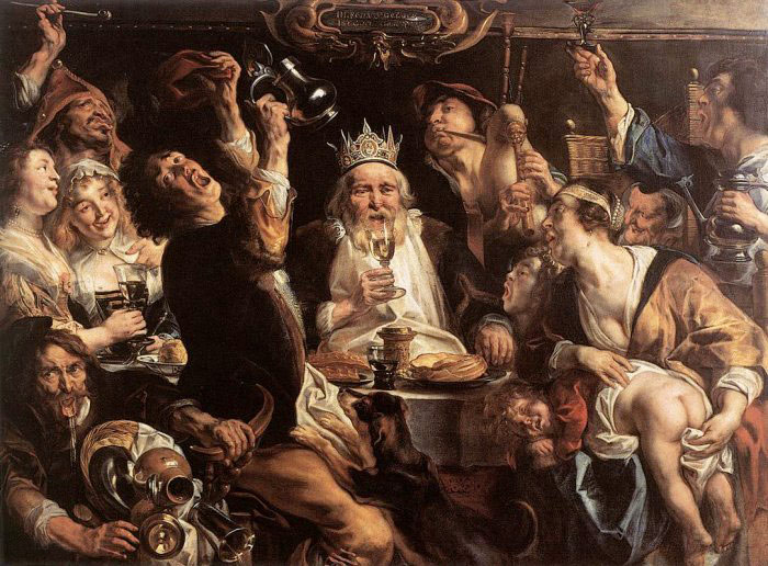 Jacob Jordaens, “El rey bebe” (1640). En la vigilia de la Epifanía se celebraba una fiesta familiar, en la que participaban los criados. A quien le tocaba el haba metida dentro de una torta resultaba ser el rey de la velada: se le colocaba una corona en la cabeza. En el cuadro se representa a la persona de más edad como rey, el cual distribuye los cargos «cortesanos» entre el resto de personas. El que hacía de rey pagaba los costes de la fiesta. Jordaens expresa una celebración de personas arremolinadas en torno al anciano rey, entregadas desaforadamente a la bebida: el rey brinda con ellas animadamente. Aunque son visibles los excesos.