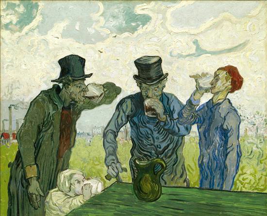 Vincent Van Gogh (1853-1890): “Bebedores”. Con pincelada rápida y estilo próximo al impresionismo, ironiza plásticamente con estos cuatro personajes distintos, incluyendo un niño de corta edad, enfrascados en uno de los males de la sociedad, la bebida. Emplea el color brillante de la mesa, el amarillo del campo o el gorro rojo del obrero.