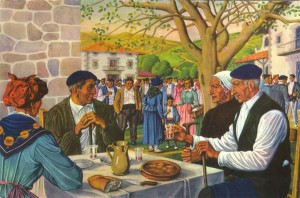 Mauricio Flores Kaperotxipi (1901-1997): “Merienda en la fiesta del pueblo”. Su pintura recrea esencialmente los tipos y costumbres rurales del País Vasco.