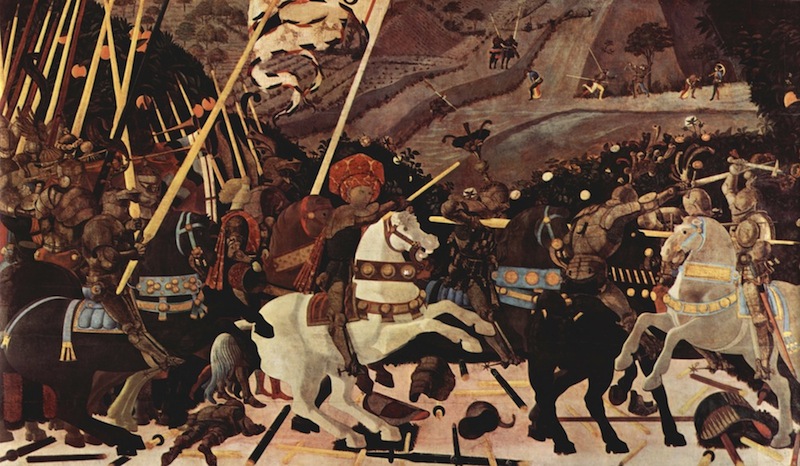 "La batalla de San Romano" (tríptico) episodio:  "Nicolás de Tolentino liderando a los florentinos", 1440, National Gallery, Londres.