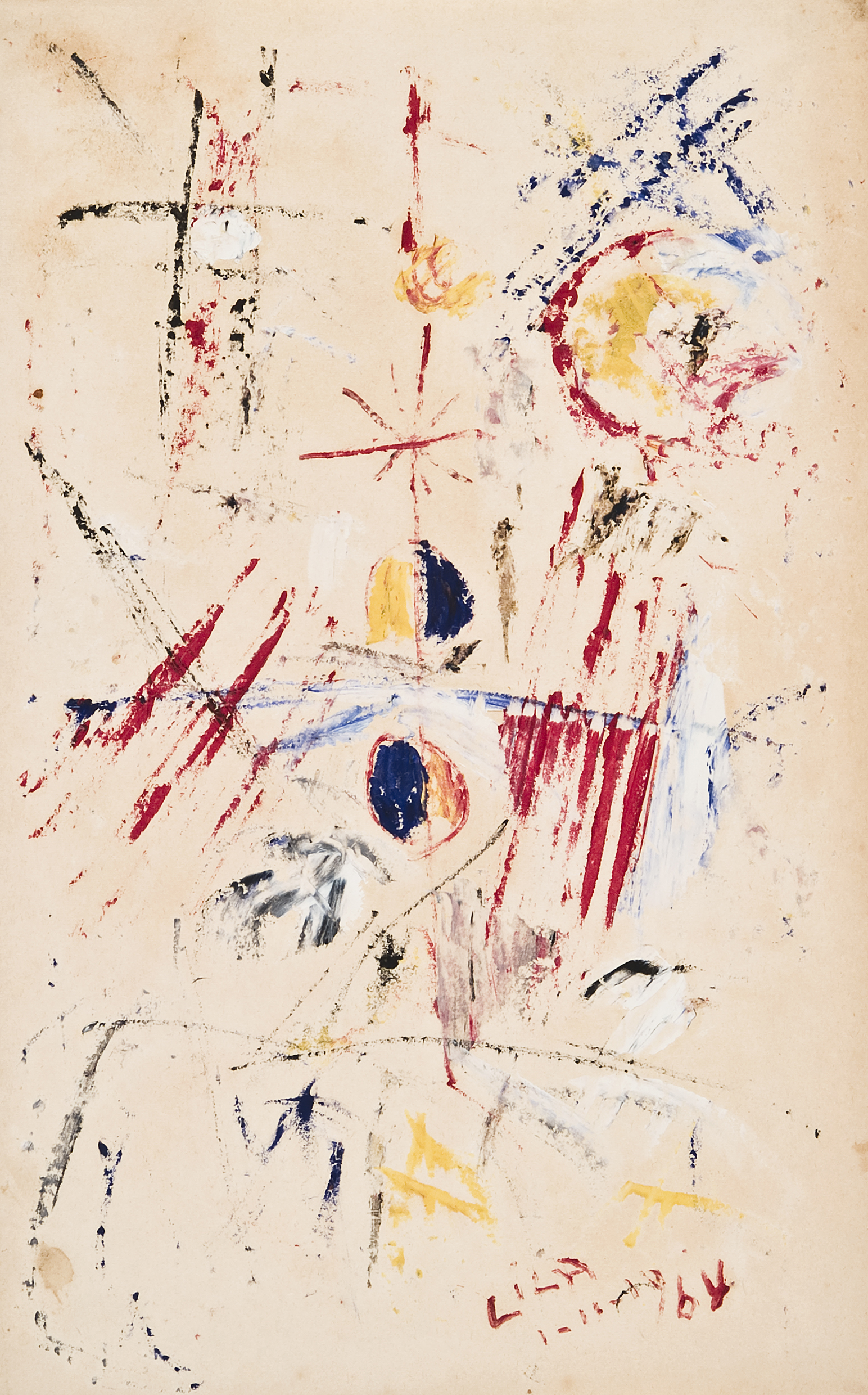 Juego con líneas y colores (1/11/1964). Óleo sobre papel, 35 x 22,5 cm.