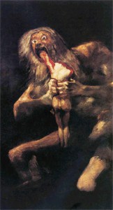 Francisco de Goya (1746-1828): “Saturno devora a su hijo”. Recrea la leyenda de Saturno, dios del tiempo: para no ser destronado, decide comerse a sus hijos. Desesperado y crispado, con los ojos fuera de sus órbitas y las manos ensangrentadas, devora el frágil cuerpo del hijo. Un cuadro que sobrecoge por su crueldad. La sensación de horror se acentúa con la oscuridad del fondo.