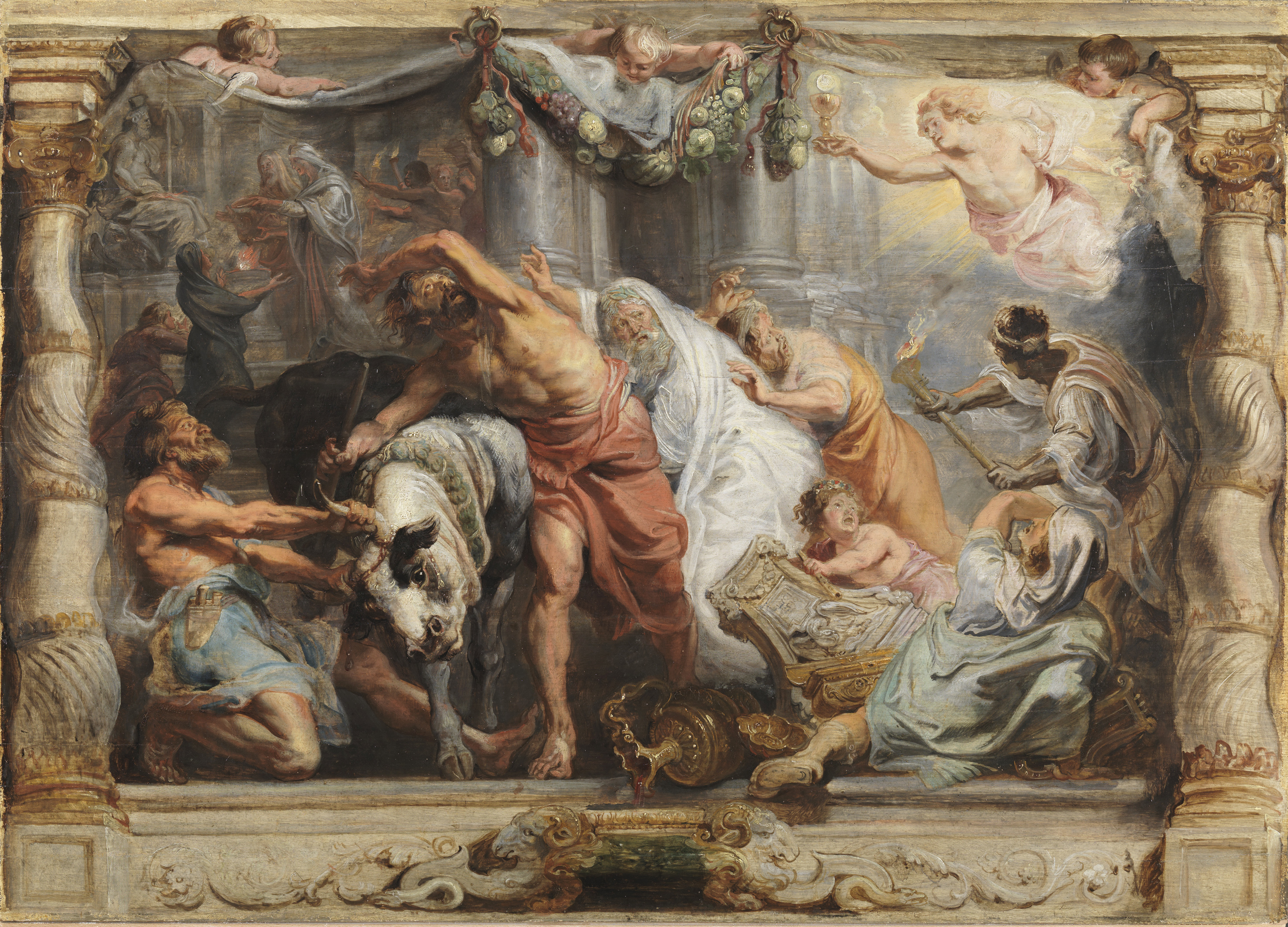 La victoria de la Eucaristía sobre la Idolatría, Rubens. Óleo sobre tabla, 65 x 91 cm, h. 1625. Museo Nacional del Prado.