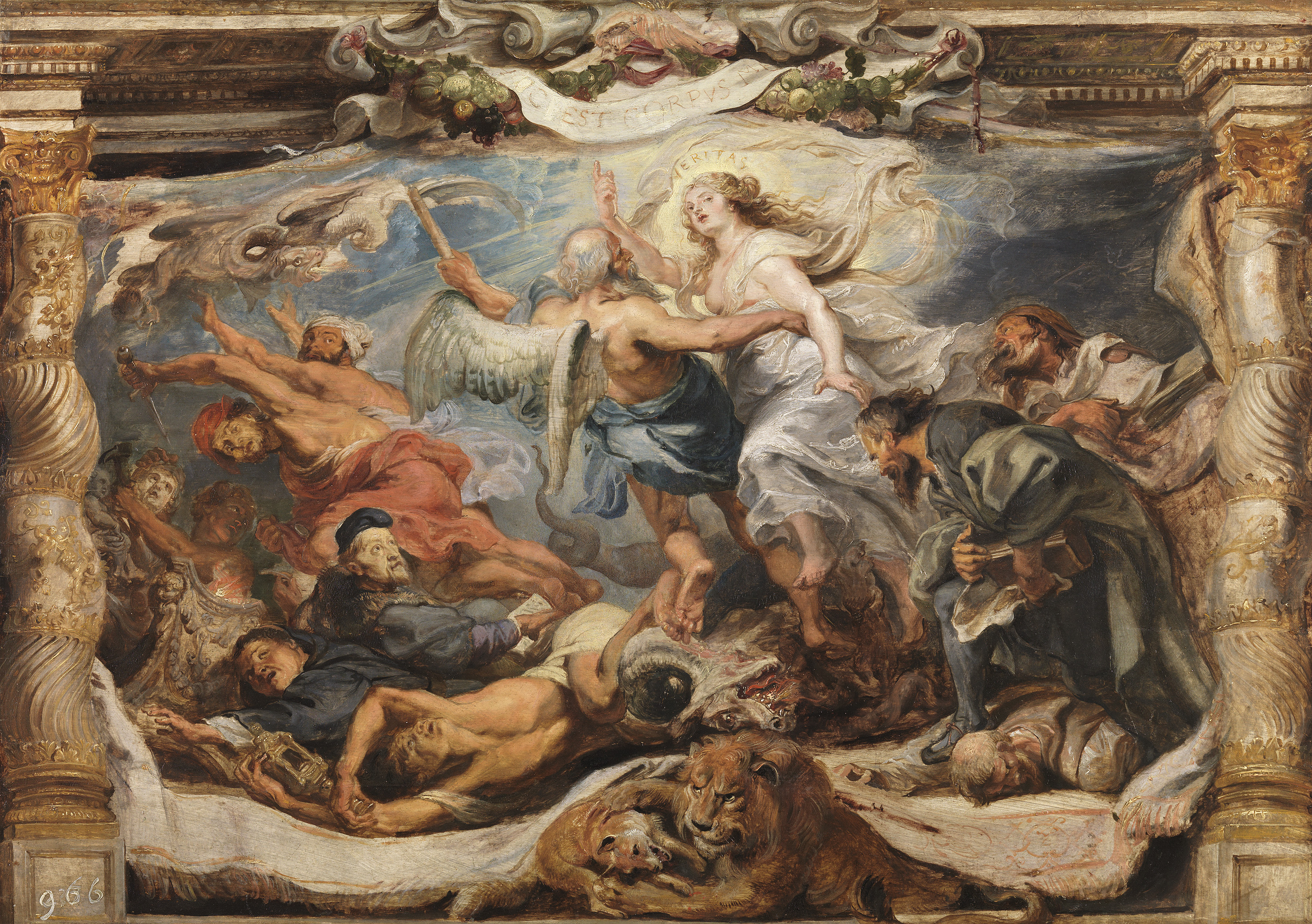 La Victoria de la Verdad sobre la Herejía, Rubens. Óleo sobre tabla, 64,5 x 90,5 cm, h. 1625. Museo Nacional del Prado.