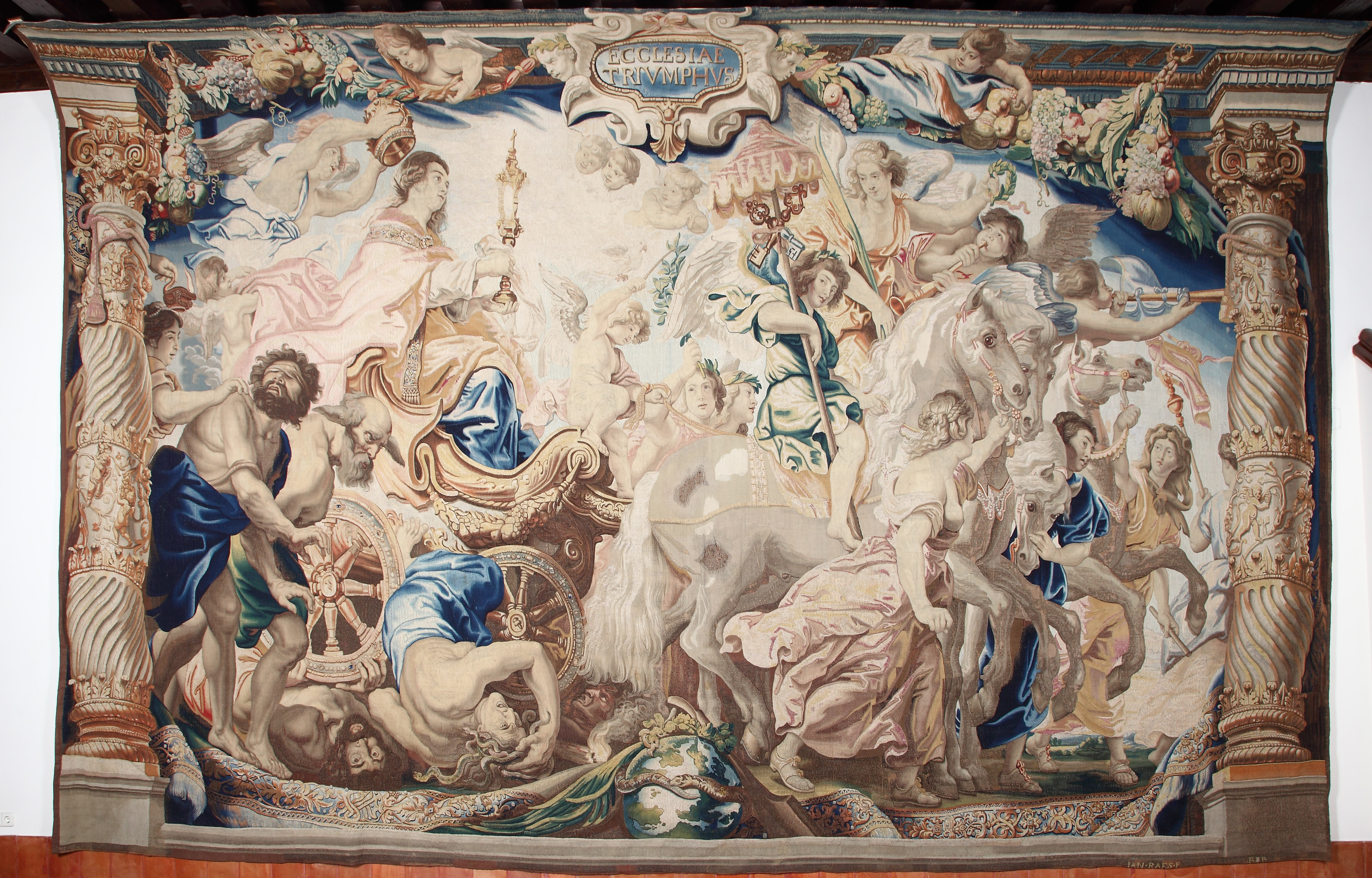 El Triunfo de la Iglesia  Manufactura bruselense de Jan II Raes, según diseños de Pedro Pablo Rubens. Tapiz (seda y lana), 480 x 750 cm, h. 1625 - 1633. Patrimonio Nacional, Monasterio de las Descalzas Reales.